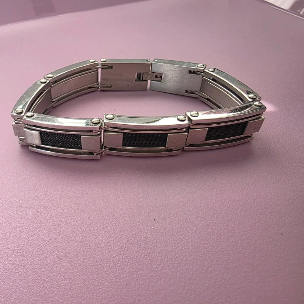 Mens Stainless Steel Black Cable Inset Link Bracelet Silver Tone Industrial Styl